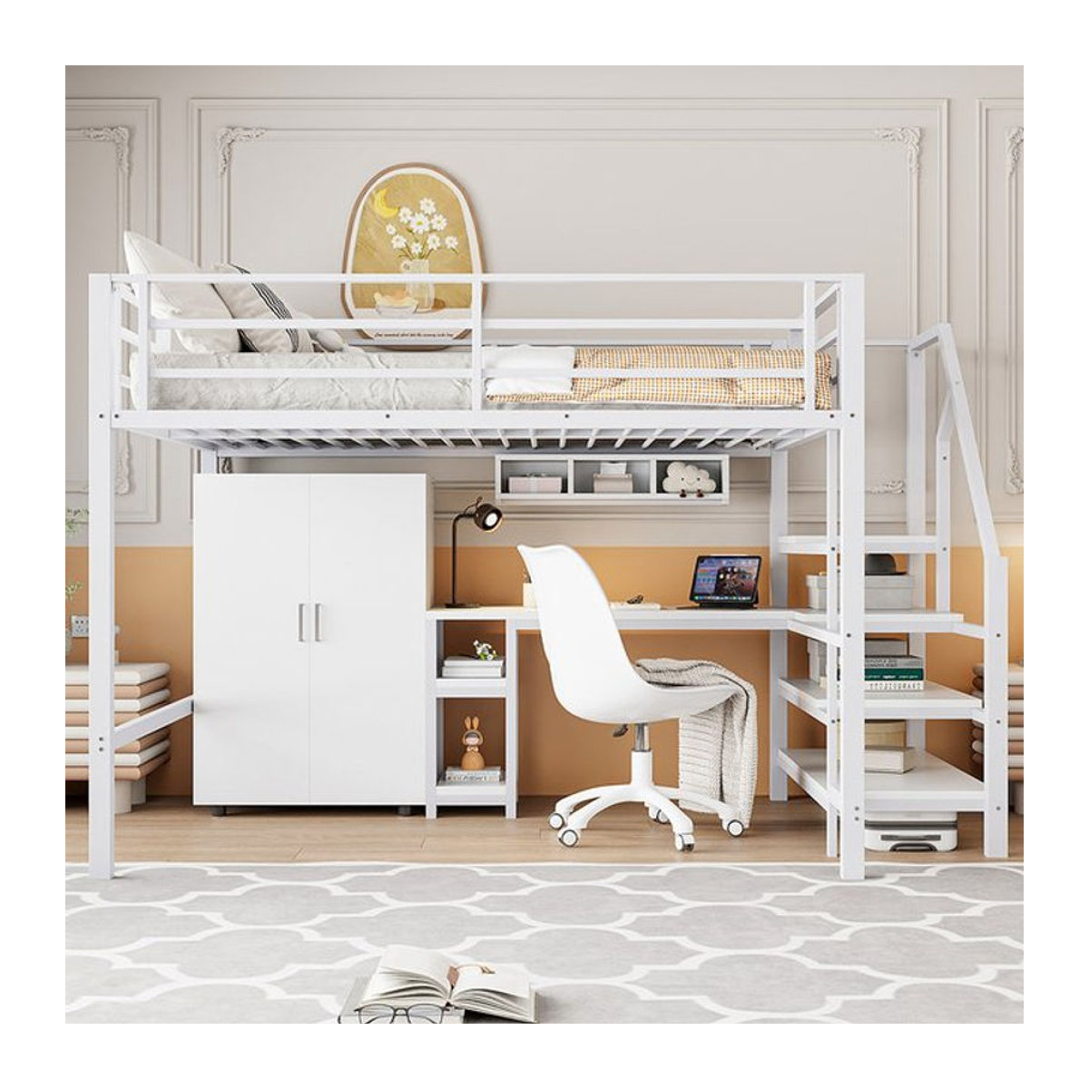 KOMHTOM Hochbett in Weiß mit Schreibtisch, Kleiderschrank, Regalen und Ablageleiter aus Metall, B/T: 200 x 140 cm - Bild 1