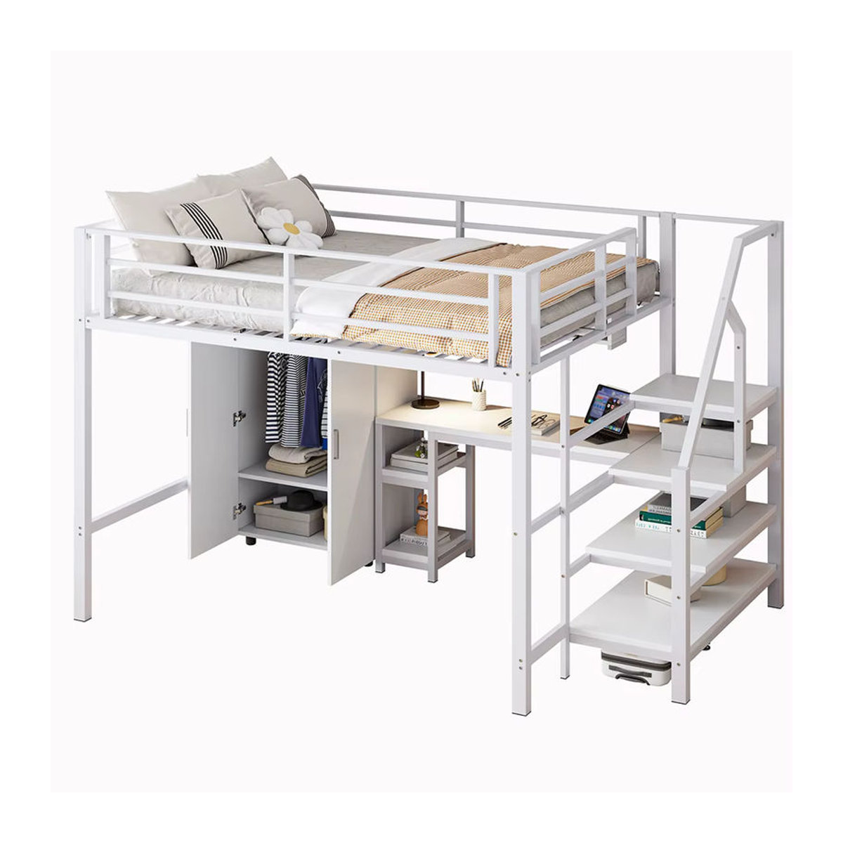 KOMHTOM Hochbett in Weiß mit Schreibtisch, Kleiderschrank, Regalen und Ablageleiter aus Metall, B/T: 200 x 140 cm - Bild 2