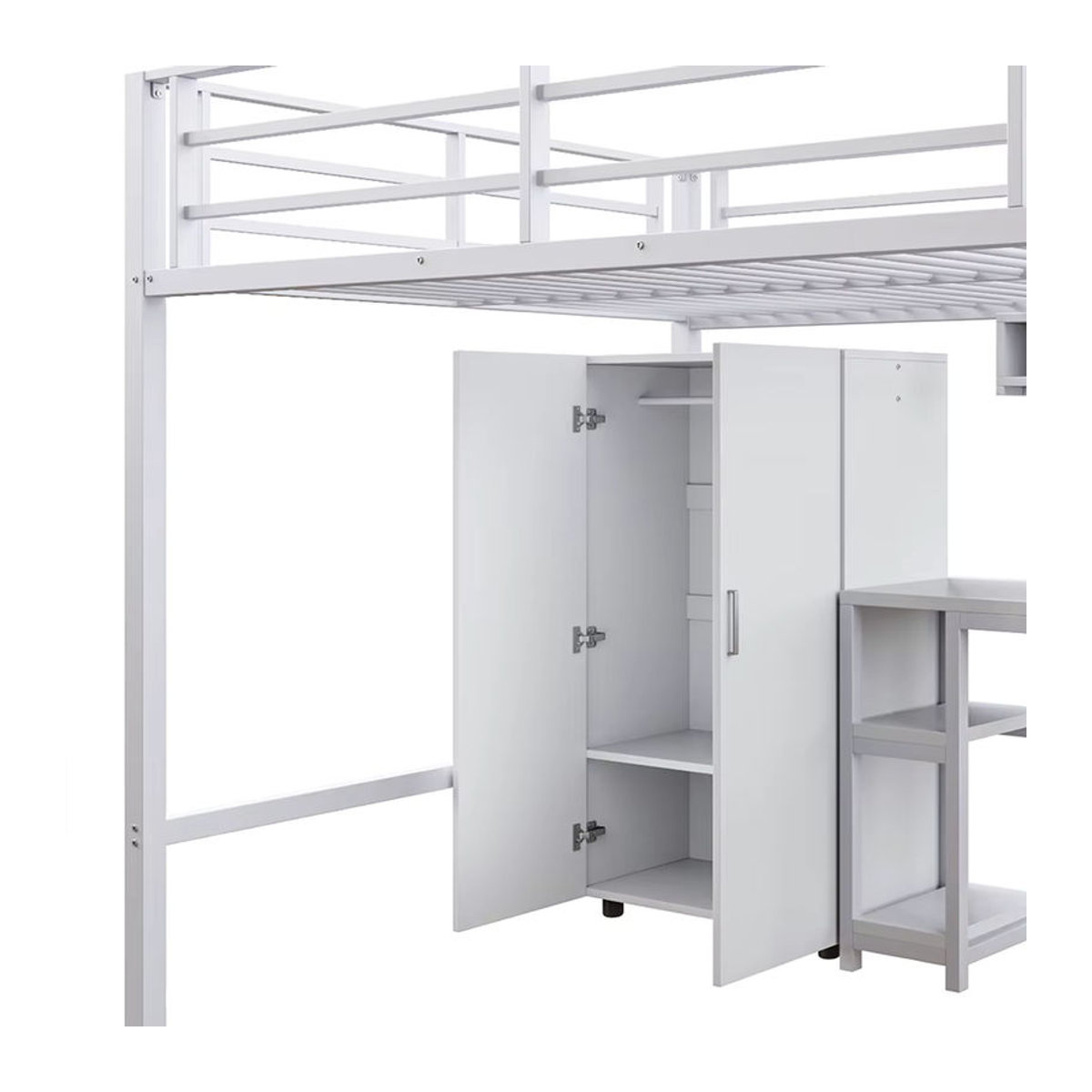 KOMHTOM Hochbett in Weiß mit Schreibtisch, Kleiderschrank, Regalen und Ablageleiter aus Metall, B/T: 200 x 140 cm - Bild 5