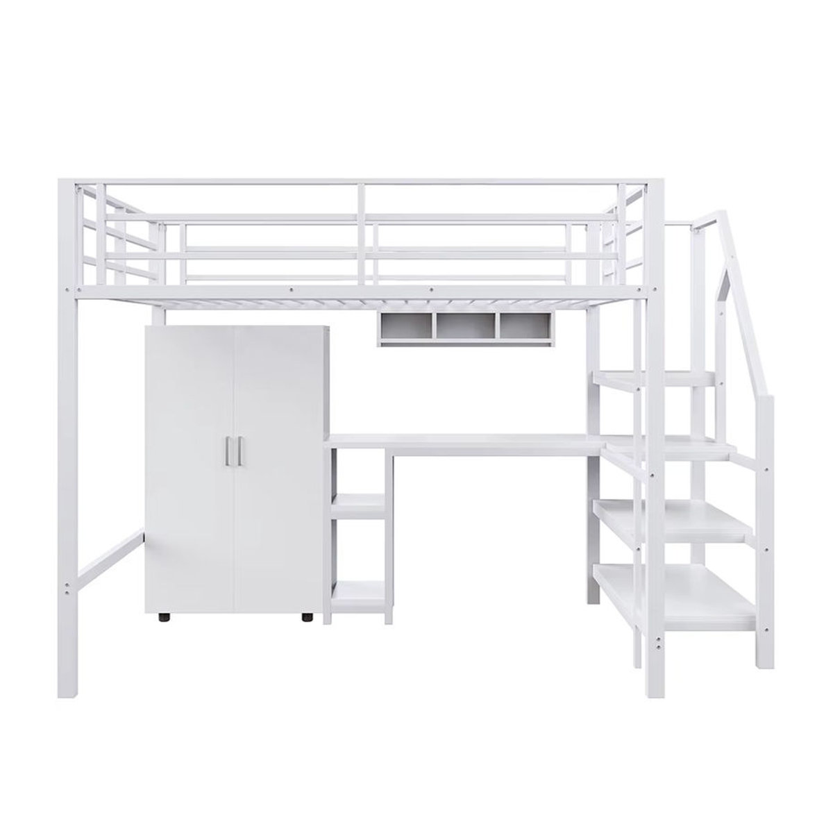 KOMHTOM Hochbett in Weiß mit Schreibtisch, Kleiderschrank, Regalen und Ablageleiter aus Metall, B/T: 200 x 140 cm - Bild 6