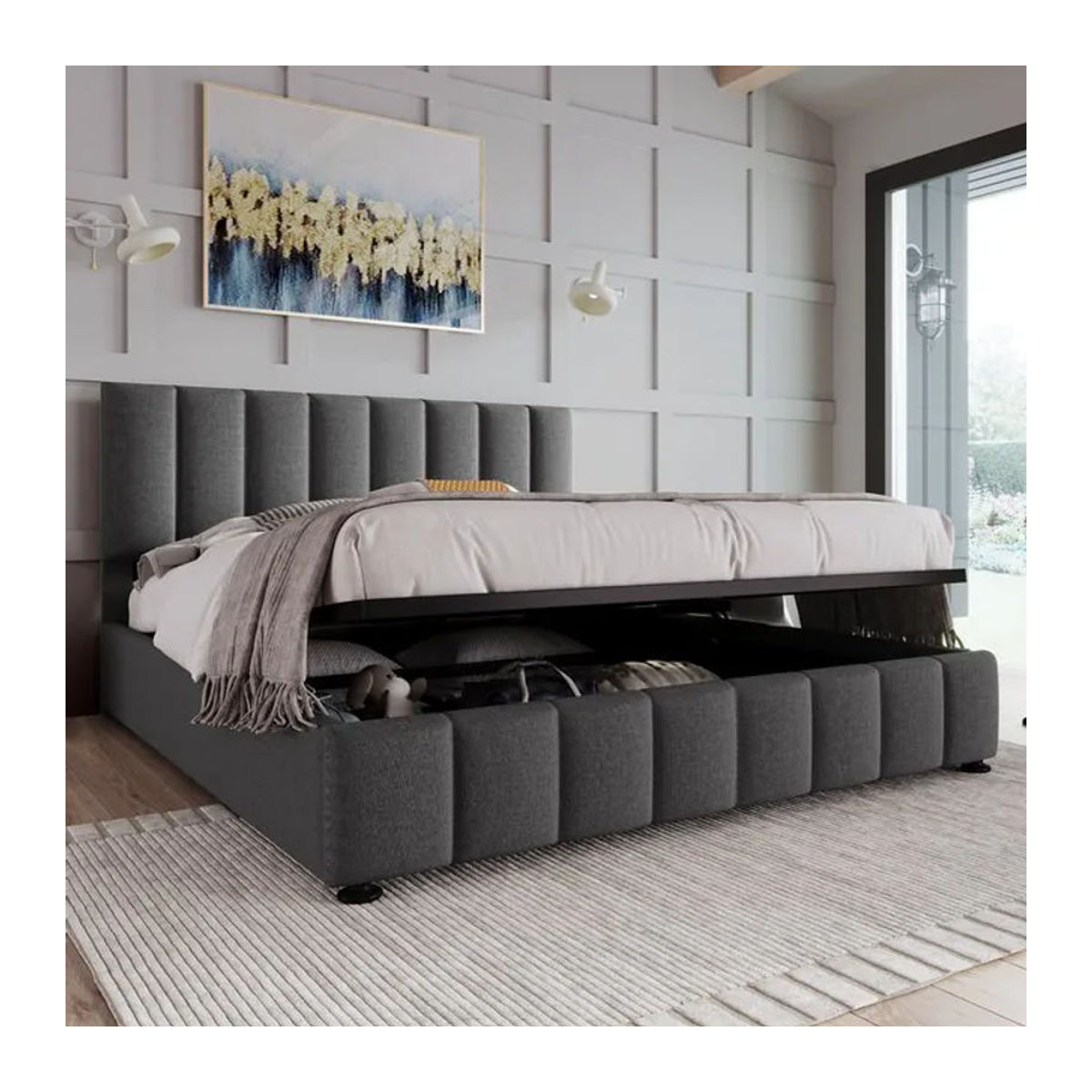 KOMHTOM Hydraulisches Doppelbett mit Stauraum und Kopfteil aus Leinen, Modernes Polsterbett mit Metallrahmen in Anthrazit/Grau, B/T: 140 x 200 cm - Bild 1