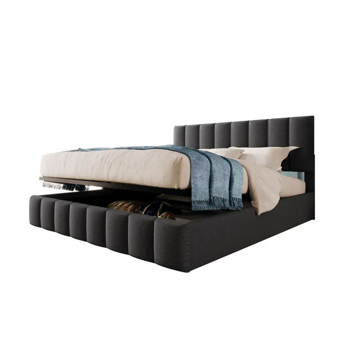 KOMHTOM Hydraulisches Doppelbett mit Stauraum und Kopfteil aus Leinen, Modernes Polsterbett mit Metallrahmen in Anthrazit/Grau, B/T: 140 x 200 cm - Bild 3