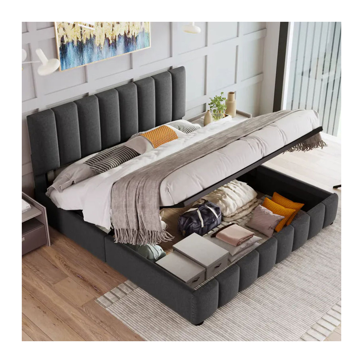 KOMHTOM Hydraulisches Doppelbett mit Stauraum und Kopfteil aus Leinen, Modernes Polsterbett mit Metallrahmen in Anthrazit/Grau, B/T: 140 x 200 cm - Bild 4