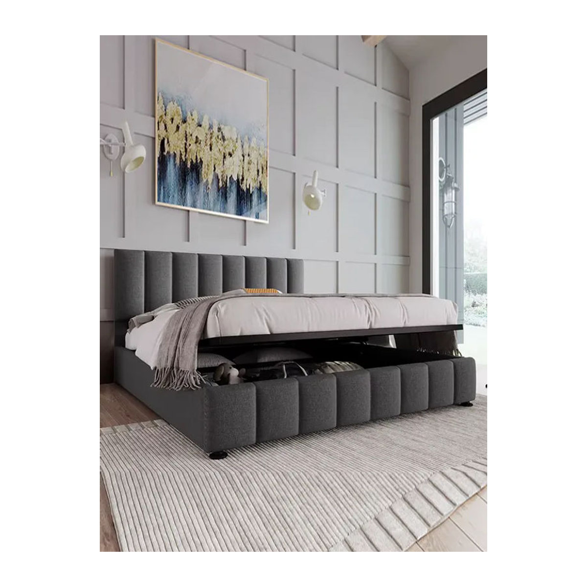 KOMHTOM Hydraulisches Doppelbett mit Stauraum und Kopfteil aus Leinen, Modernes Polsterbett mit Metallrahmen in Anthrazit/Grau, B/T: 140 x 200 cm - Bild 7