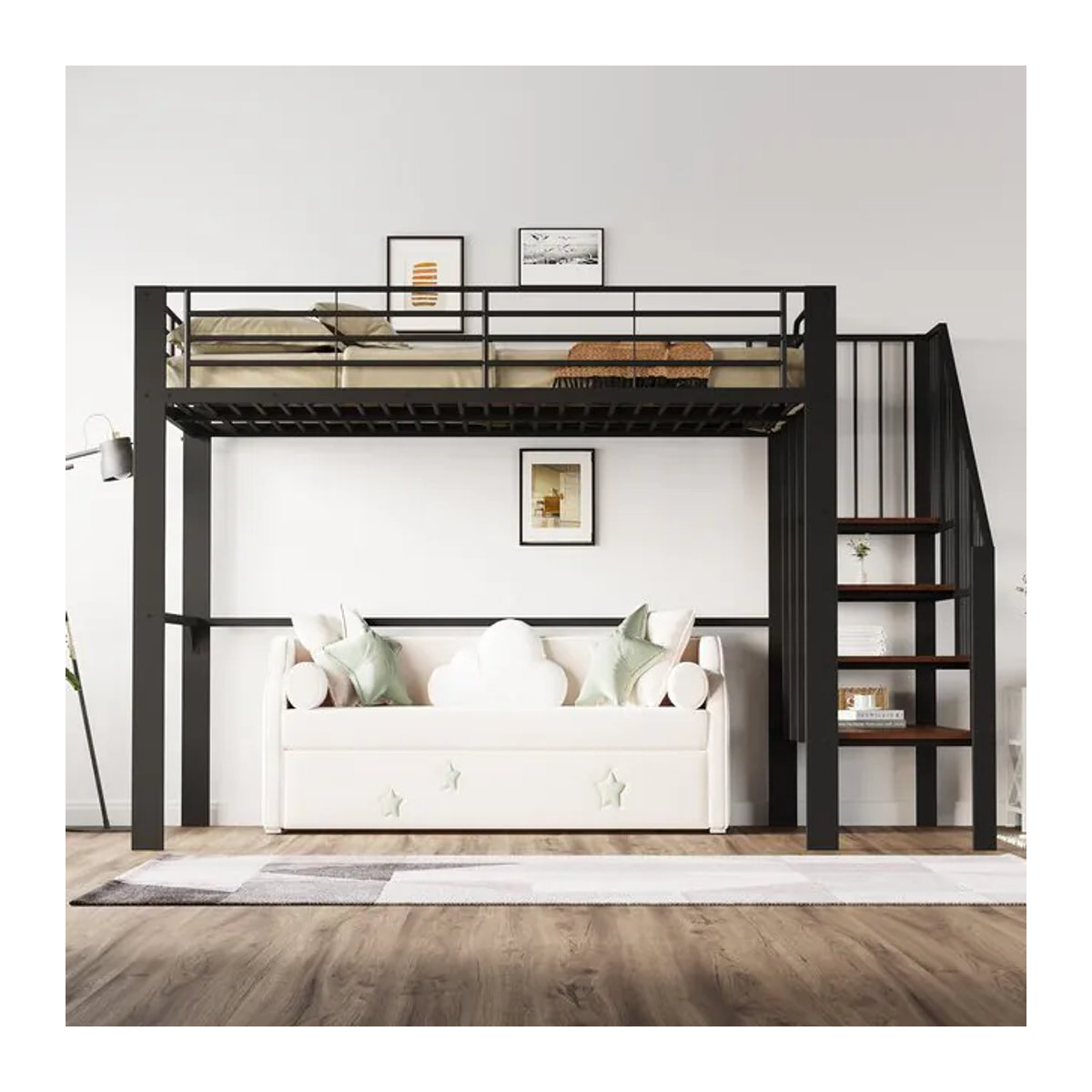 KOMHTOM Metall Hochbett im Industrial Design mit Treppe und Stauraum, B/T: 200 x 140 cm - Bild 1