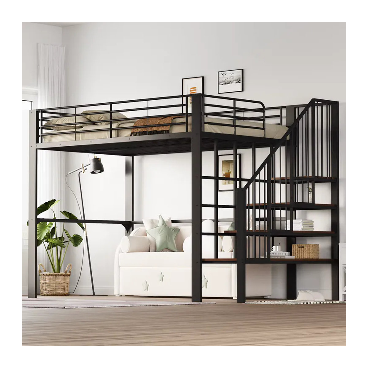 KOMHTOM Metall Hochbett im Industrial Design mit Treppe und Stauraum, B/T: 200 x 140 cm - Bild 2