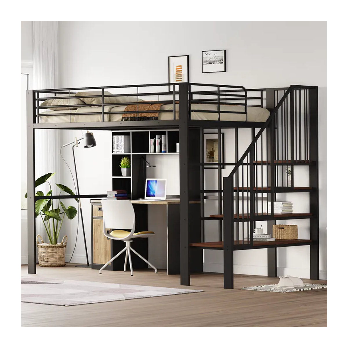 KOMHTOM Metall Hochbett im Industrial Design mit Treppe und Stauraum, B/T: 200 x 140 cm - Bild 3