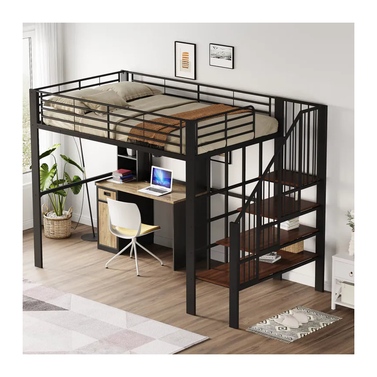 KOMHTOM Metall Hochbett im Industrial Design mit Treppe und Stauraum, B/T: 200 x 140 cm - Bild 4