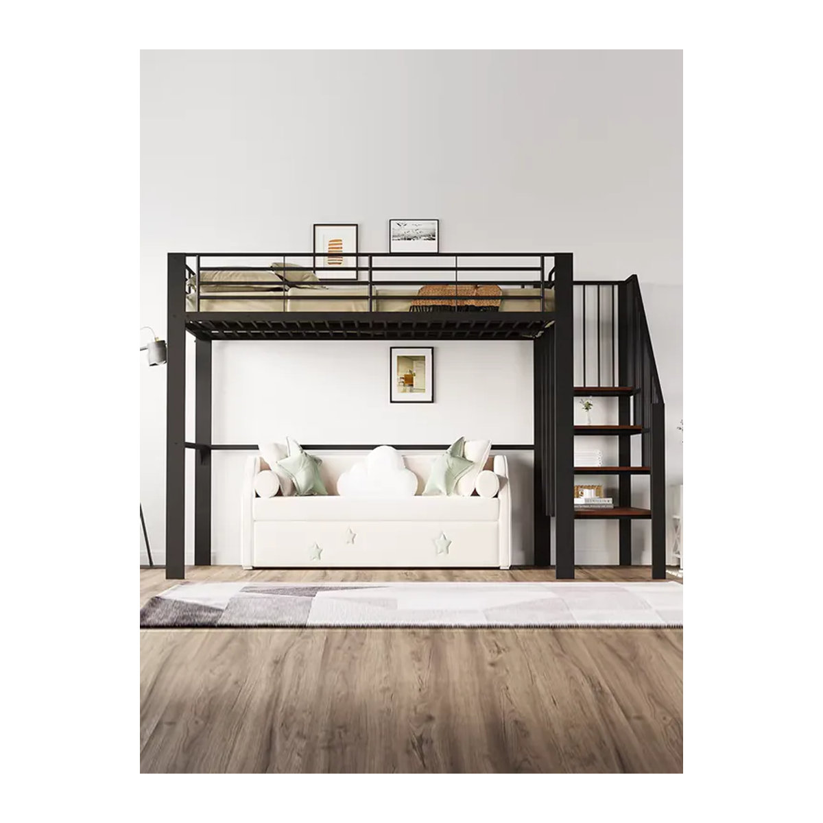 KOMHTOM Metall Hochbett im Industrial Design mit Treppe und Stauraum, B/T: 200 x 140 cm - Bild 7