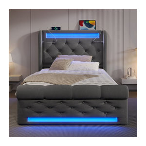 KOMHTOM Modernes Polsterbett Einzelbett aus Samt mit LED-Leuchten, USB- und Typ-C-Anschlüssen sowie hydraulischem Stauraum, B/T: 90 x 200 cm, Anthrazit/Grau