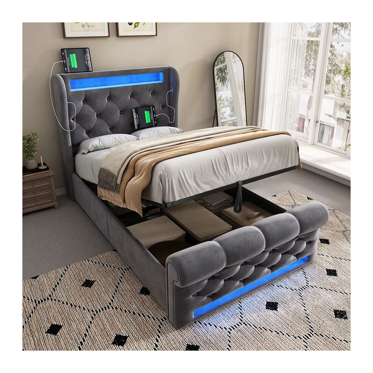KOMHTOM Modernes Polsterbett Einzelbett aus Samt mit LED-Leuchten, USB- und Typ-C-Anschlüssen sowie hydraulischem Stauraum, B/T: 90 x 200 cm, Anthrazit/Grau - Bild 2