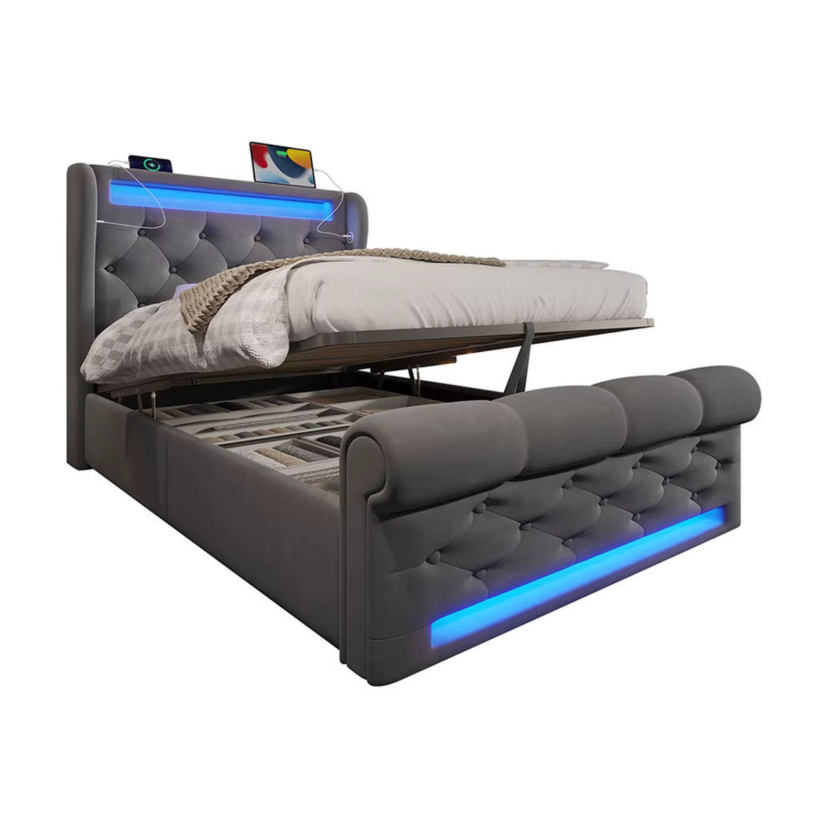KOMHTOM Modernes Polsterbett Einzelbett aus Samt mit LED-Leuchten, USB- und Typ-C-Anschlüssen sowie hydraulischem Stauraum, B/T: 90 x 200 cm, Anthrazit/Grau - Bild 3