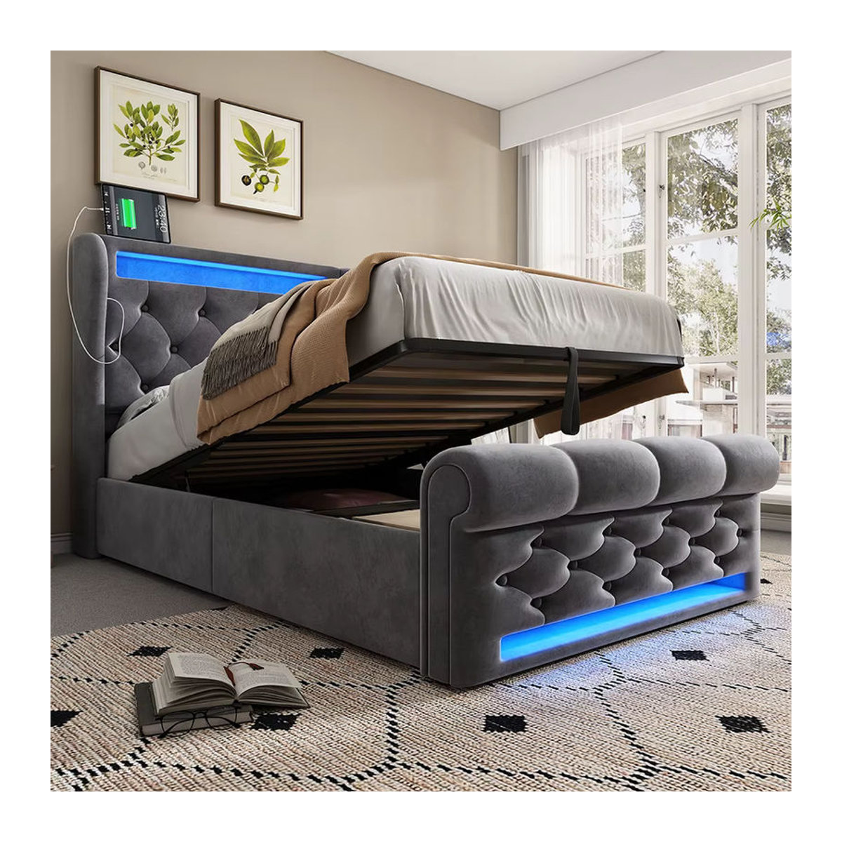 KOMHTOM Modernes Polsterbett Einzelbett aus Samt mit LED-Leuchten, USB- und Typ-C-Anschlüssen sowie hydraulischem Stauraum, B/T: 90 x 200 cm, Anthrazit/Grau - Bild 4