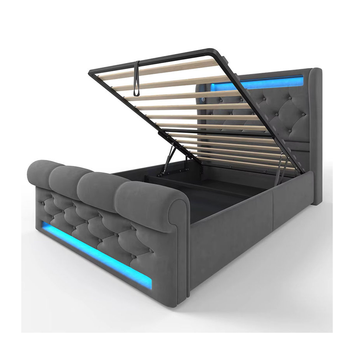KOMHTOM Modernes Polsterbett Einzelbett aus Samt mit LED-Leuchten, USB- und Typ-C-Anschlüssen sowie hydraulischem Stauraum, B/T: 90 x 200 cm, Anthrazit/Grau - Bild 5