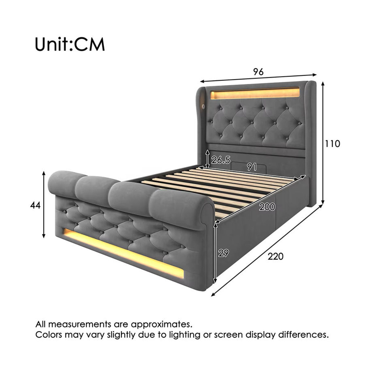 KOMHTOM Modernes Polsterbett Einzelbett aus Samt mit LED-Leuchten, USB- und Typ-C-Anschlüssen sowie hydraulischem Stauraum, B/T: 90 x 200 cm, Anthrazit/Grau - Bild 6