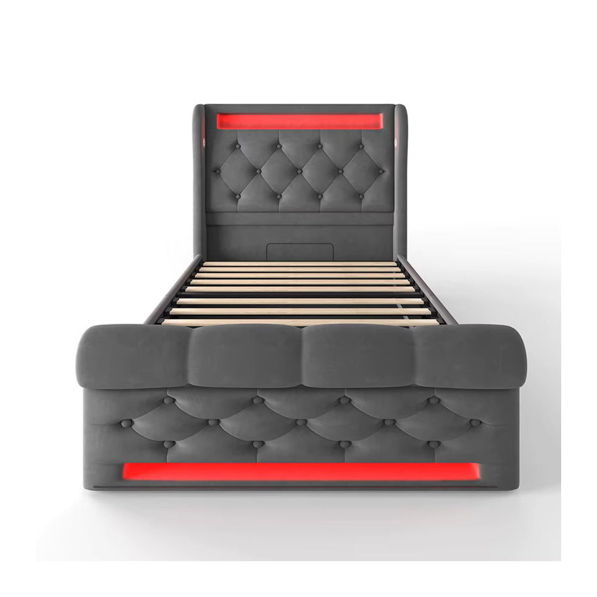 KOMHTOM Modernes Polsterbett Einzelbett aus Samt mit LED-Leuchten, USB- und Typ-C-Anschlüssen sowie hydraulischem Stauraum, B/T: 90 x 200 cm, Anthrazit/Grau - Bild 7