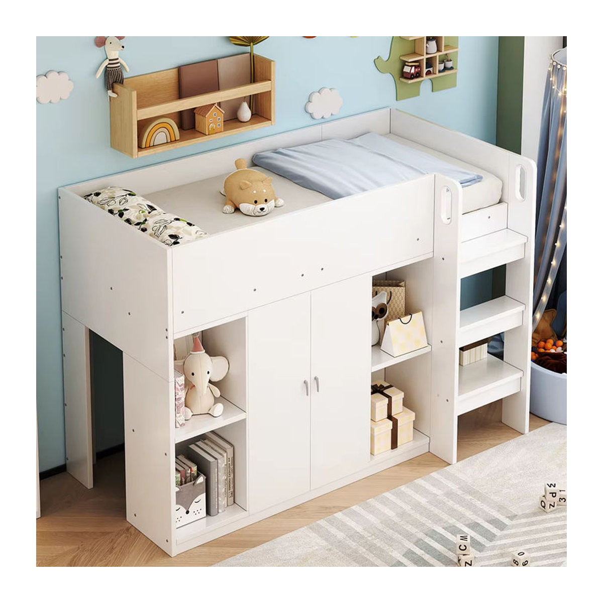 KOMHTOM Multifunktionales Hochbett mit Stauraum, Schrank und Regalen in Grau und Weiß, B/T: 90 x 200 cm - Bild 2