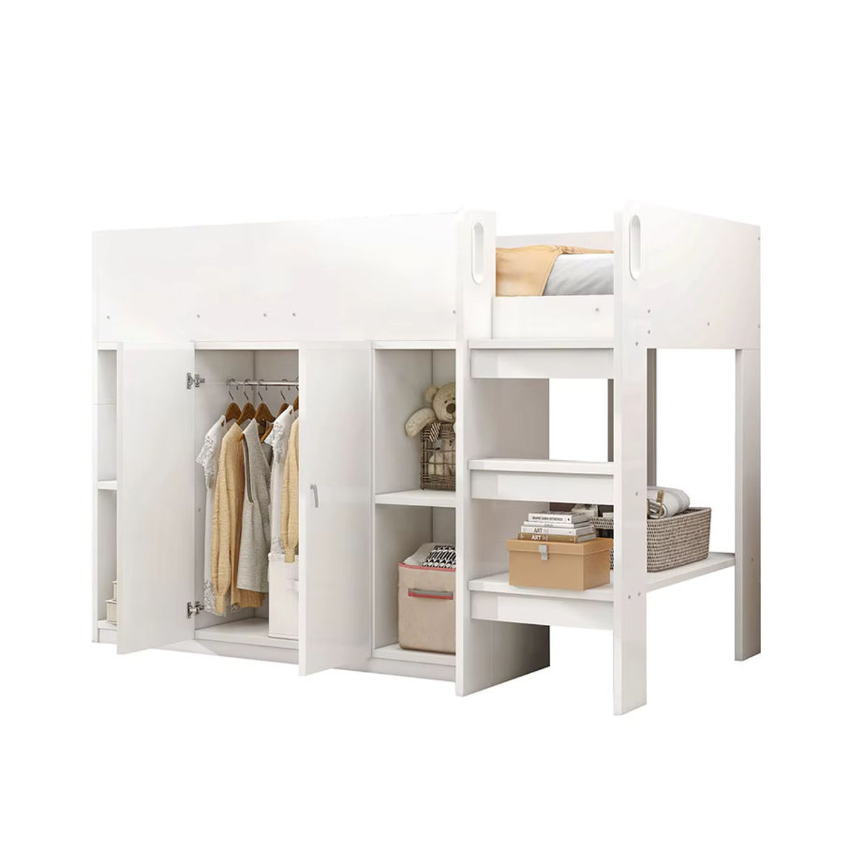 KOMHTOM Multifunktionales Hochbett mit Stauraum, Schrank und Regalen in Grau und Weiß, B/T: 90 x 200 cm - Bild 3