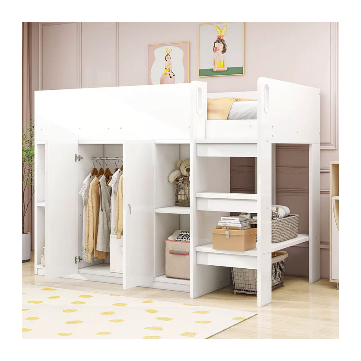 KOMHTOM Multifunktionales Hochbett mit Stauraum, Schrank und Regalen in Grau und Weiß, B/T: 90 x 200 cm - Bild 4