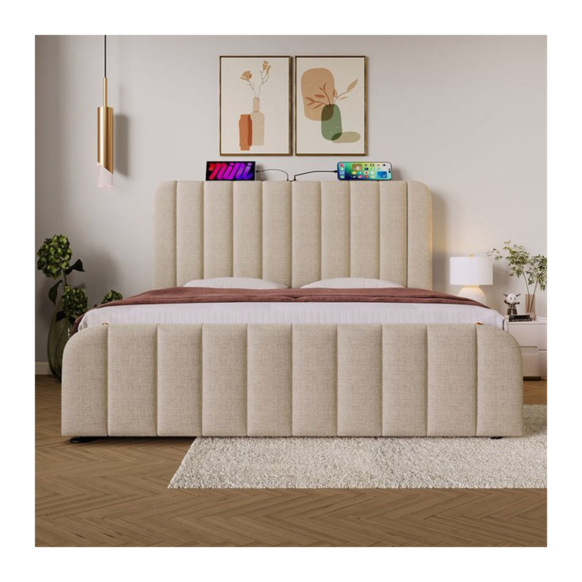 KOMHTOM Polsterbett aus Leinen in Beige mit gepolstertem Kopfteil, USB Typ-C und hydraulischem Bettkasten, B/T/H: 140 x 140 x 200 cm - Bild 1