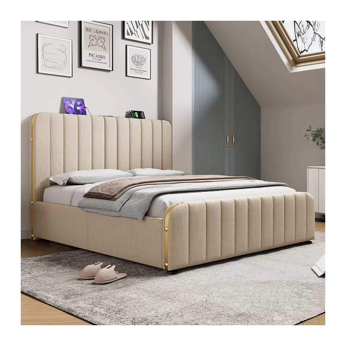 KOMHTOM Polsterbett aus Leinen in Beige mit gepolstertem Kopfteil, USB Typ-C und hydraulischem Bettkasten, B/T/H: 140 x 140 x 200 cm - Bild 2