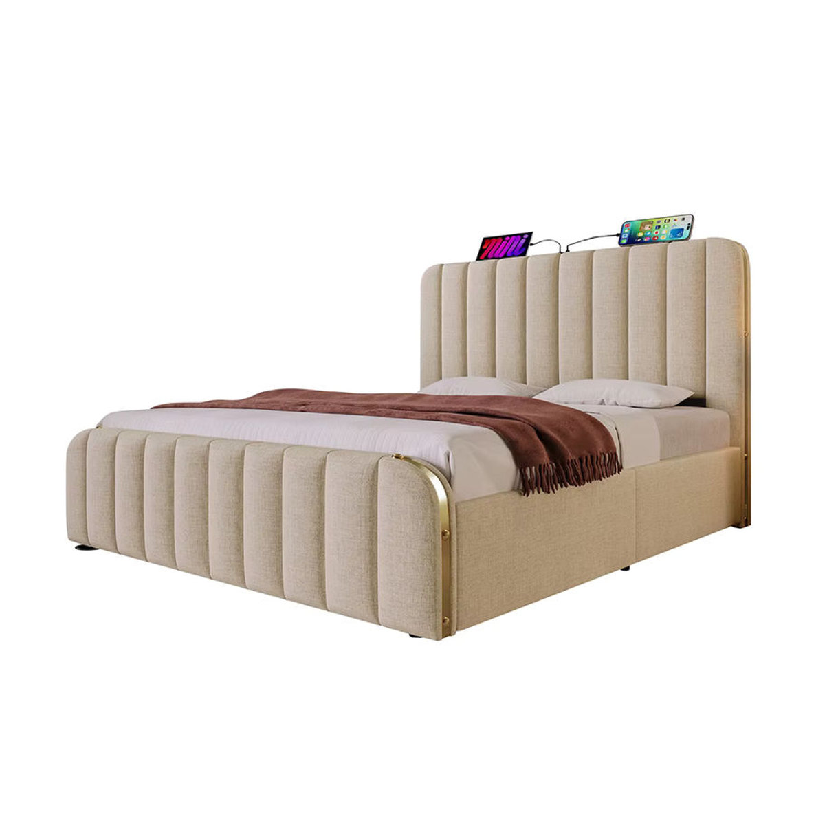 KOMHTOM Polsterbett aus Leinen in Beige mit gepolstertem Kopfteil, USB Typ-C und hydraulischem Bettkasten, B/T/H: 140 x 140 x 200 cm - Bild 3