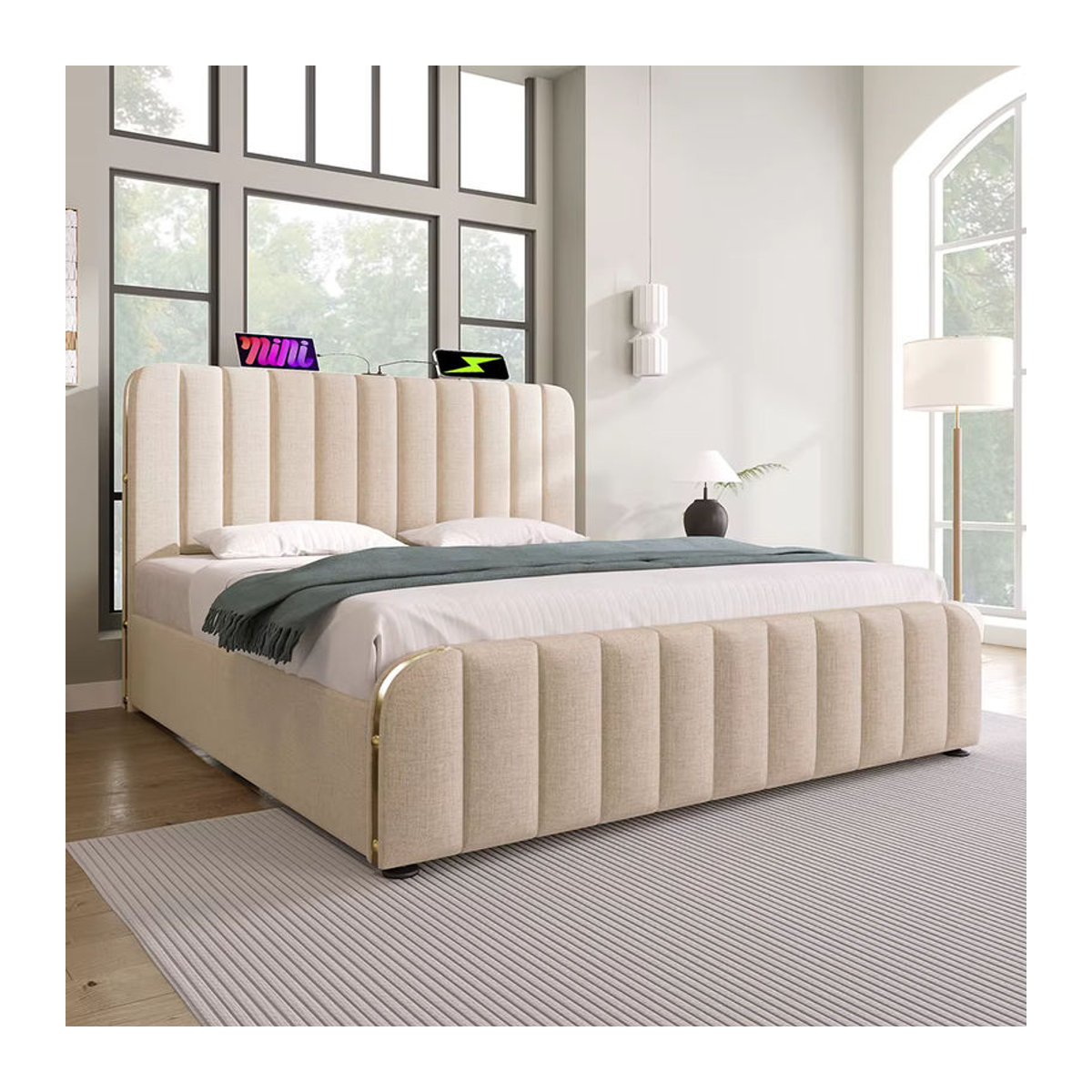 KOMHTOM Polsterbett aus Leinen in Beige mit gepolstertem Kopfteil, USB Typ-C und hydraulischem Bettkasten, B/T/H: 140 x 140 x 200 cm - Bild 4