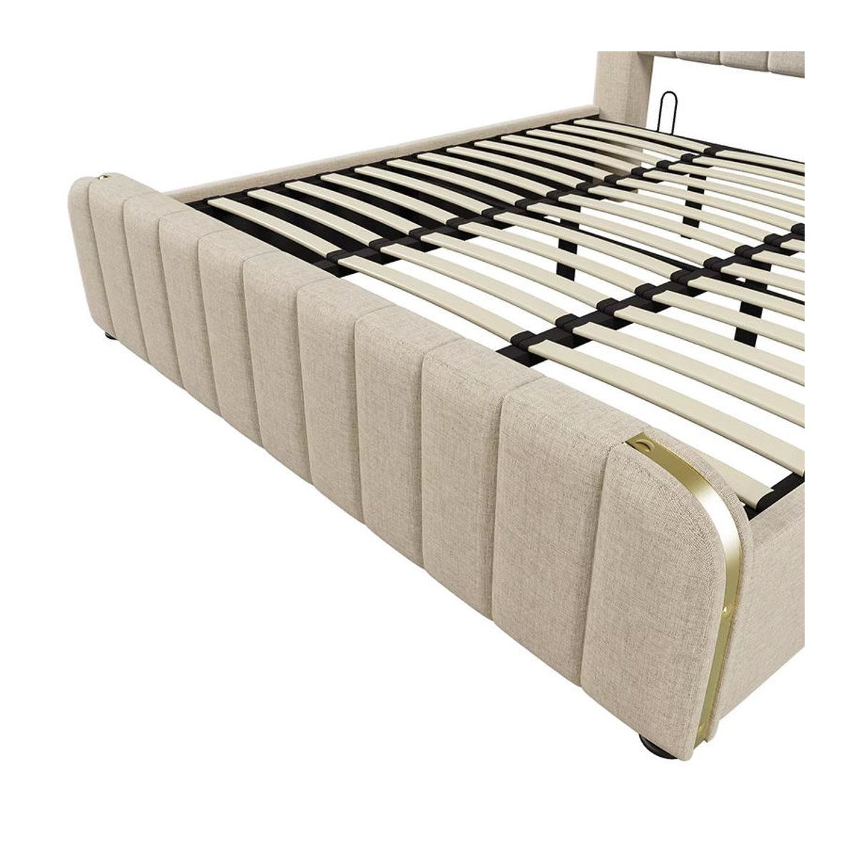 KOMHTOM Polsterbett aus Leinen in Beige mit gepolstertem Kopfteil, USB Typ-C und hydraulischem Bettkasten, B/T/H: 140 x 140 x 200 cm - Bild 5