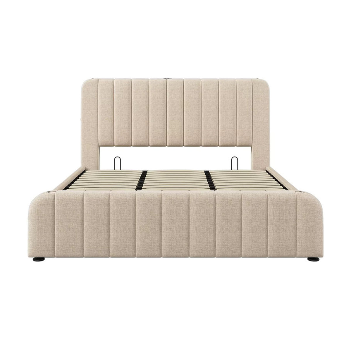 KOMHTOM Polsterbett aus Leinen in Beige mit gepolstertem Kopfteil, USB Typ-C und hydraulischem Bettkasten, B/T/H: 140 x 140 x 200 cm - Bild 7