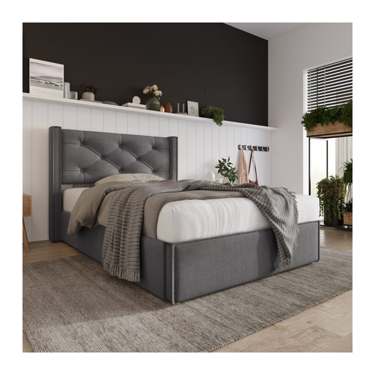 KOMHTOM Polsterbett Einzelbett mit Stauraum und Metallrahmen, modernes Bettgestell aus Baumwolle in Grau und Anthrazit, B/T/H: 90 x 200 x 90 cm - Bild 1