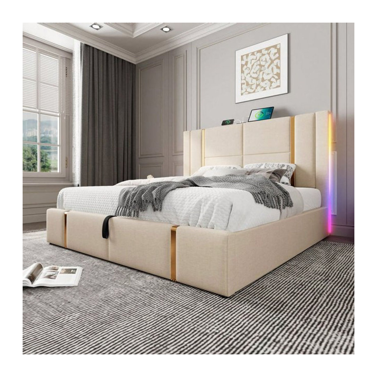 KOMHTOM Polsterbett mit Stauraum und LED-Funktion in Beige, Doppelbett mit USB-Ladefunktion, B/T/H: 160 x 200 cm, ohne Matratze - Bild 1