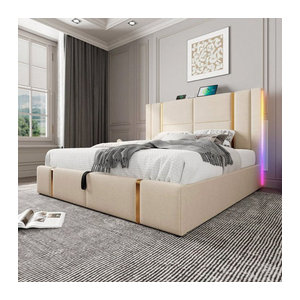 KOMHTOM Polsterbett mit Stauraum und LED-Funktion in Beige, Doppelbett mit USB-Ladefunktion, B/T/H: 160 x 200 cm, ohne Matratze