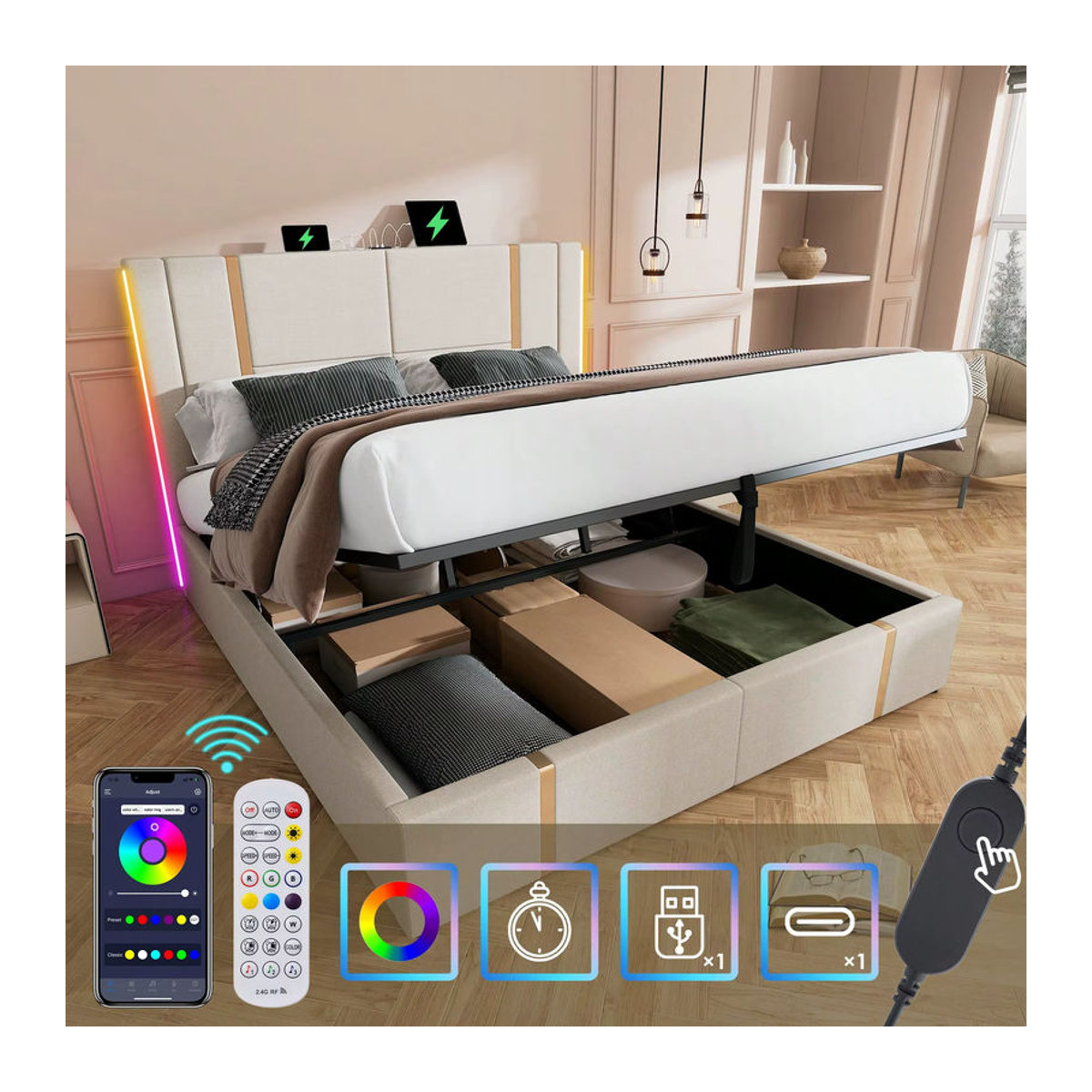 KOMHTOM Polsterbett mit Stauraum und LED-Funktion in Beige, Doppelbett mit USB-Ladefunktion, B/T/H: 160 x 200 cm, ohne Matratze - Bild 2
