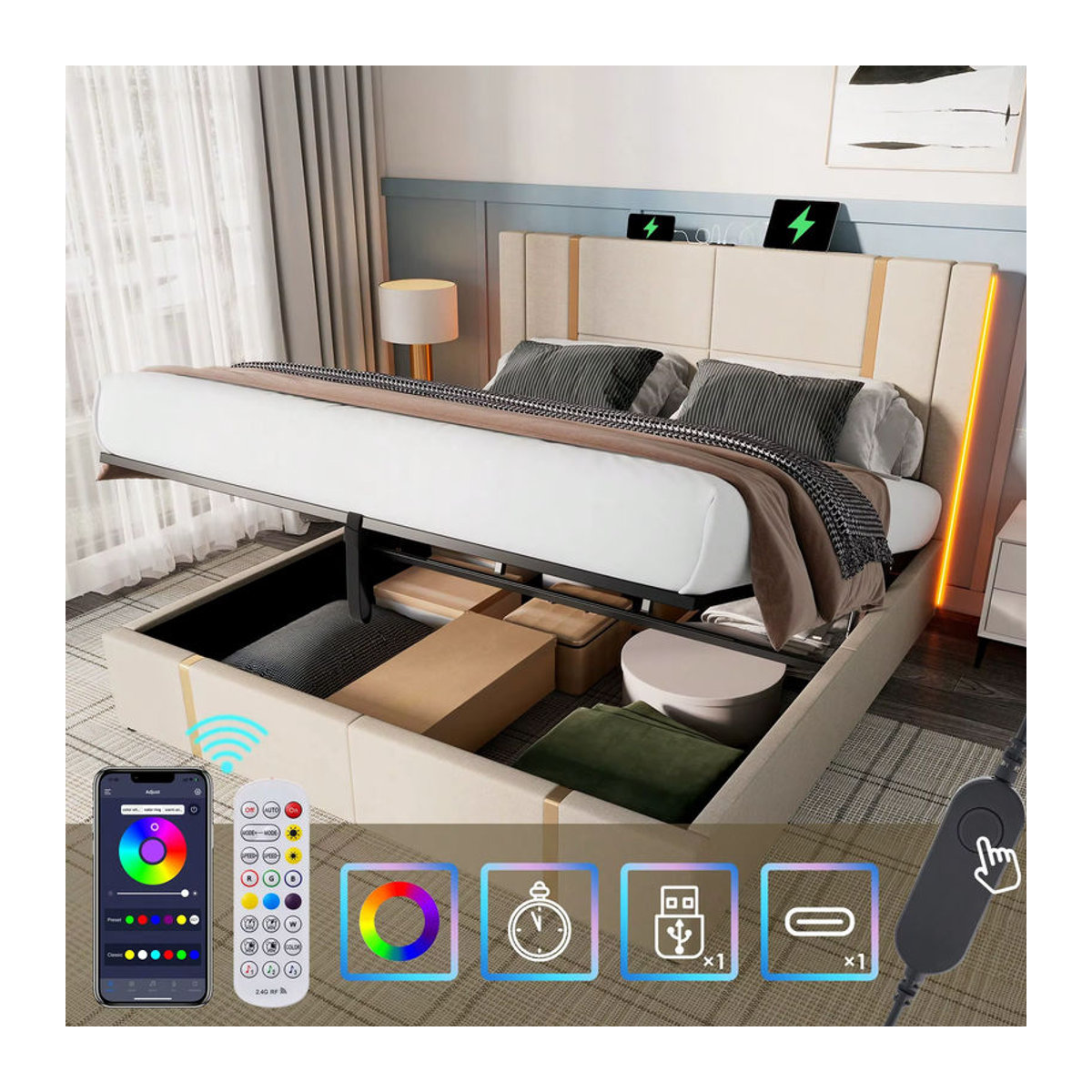 KOMHTOM Polsterbett mit Stauraum und LED-Funktion in Beige, Doppelbett mit USB-Ladefunktion, B/T/H: 160 x 200 cm, ohne Matratze - Bild 3