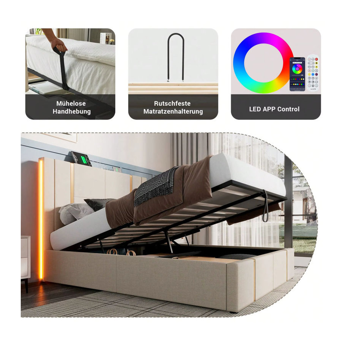 KOMHTOM Polsterbett mit Stauraum und LED-Funktion in Beige, Doppelbett mit USB-Ladefunktion, B/T/H: 160 x 200 cm, ohne Matratze - Bild 4