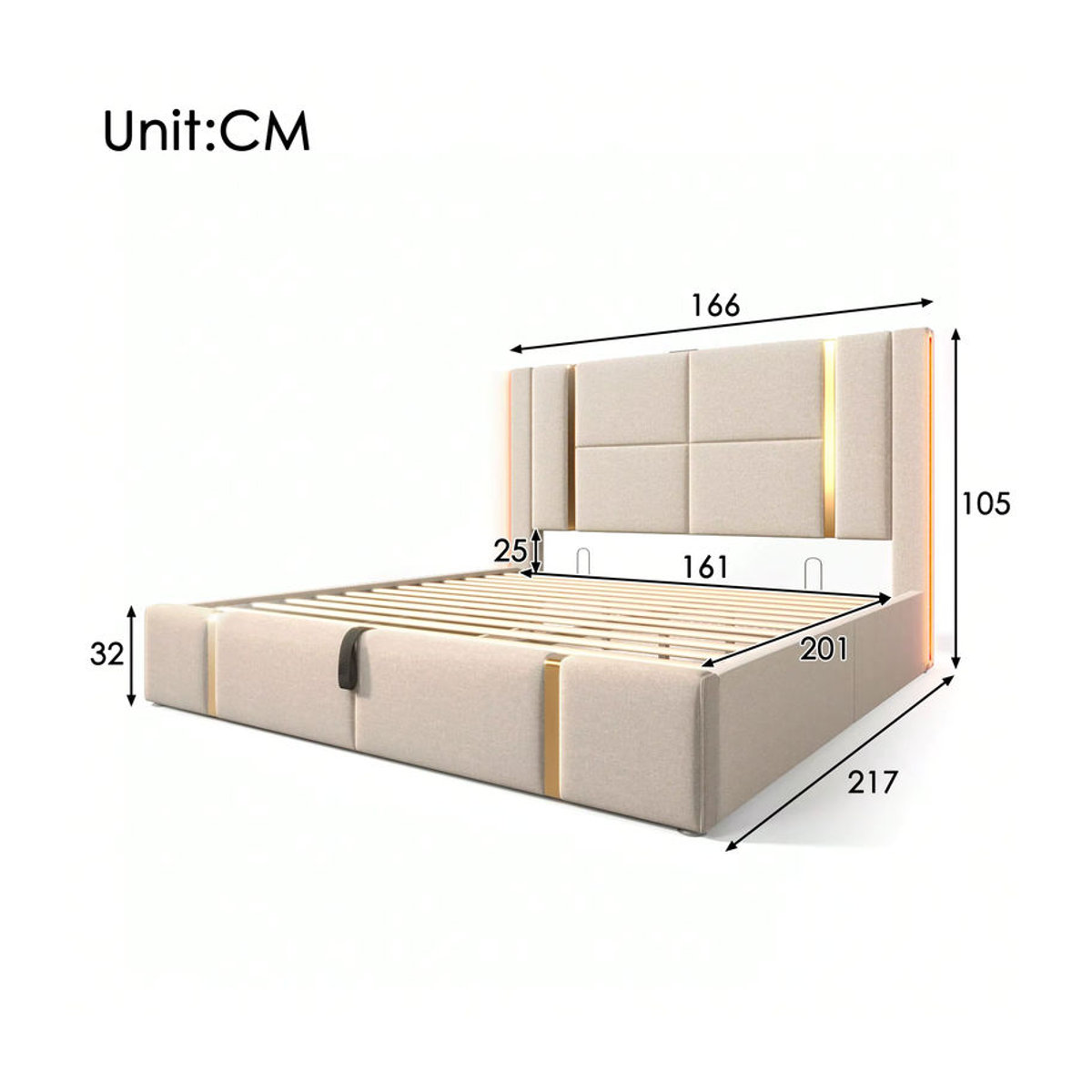 KOMHTOM Polsterbett mit Stauraum und LED-Funktion in Beige, Doppelbett mit USB-Ladefunktion, B/T/H: 160 x 200 cm, ohne Matratze - Bild 5