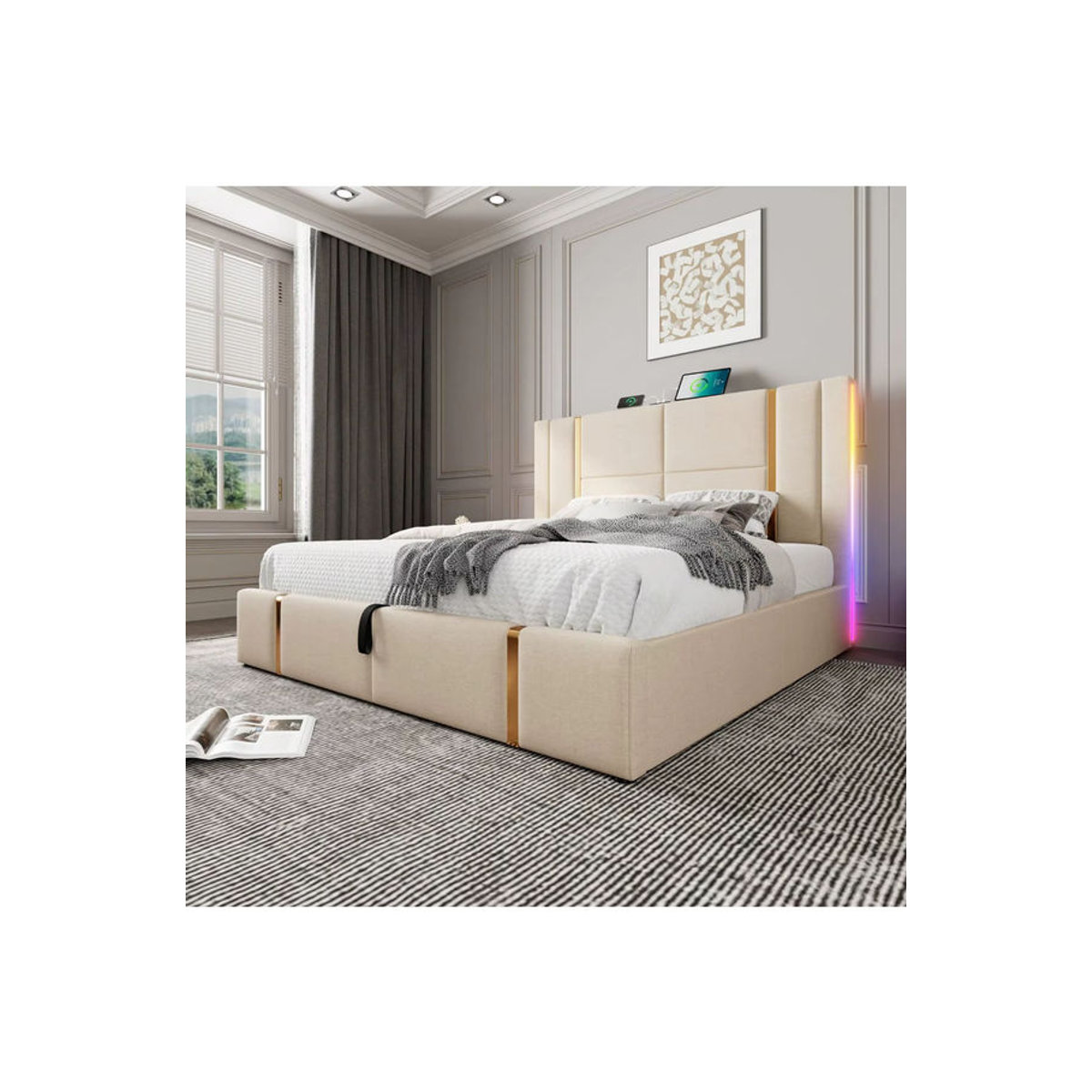 KOMHTOM Polsterbett mit Stauraum und LED-Funktion in Beige, Doppelbett mit USB-Ladefunktion, B/T/H: 160 x 200 cm, ohne Matratze - Bild 6