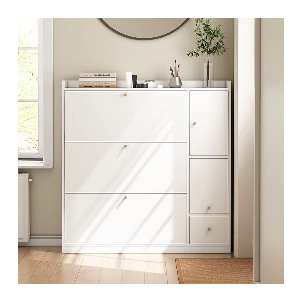 KOMHTOM Schuhschrank mit 3 Klappschubladen und Falttüren in Weiß, minimalistischer Eingangsorganizer mit Stauraum - Bild 1