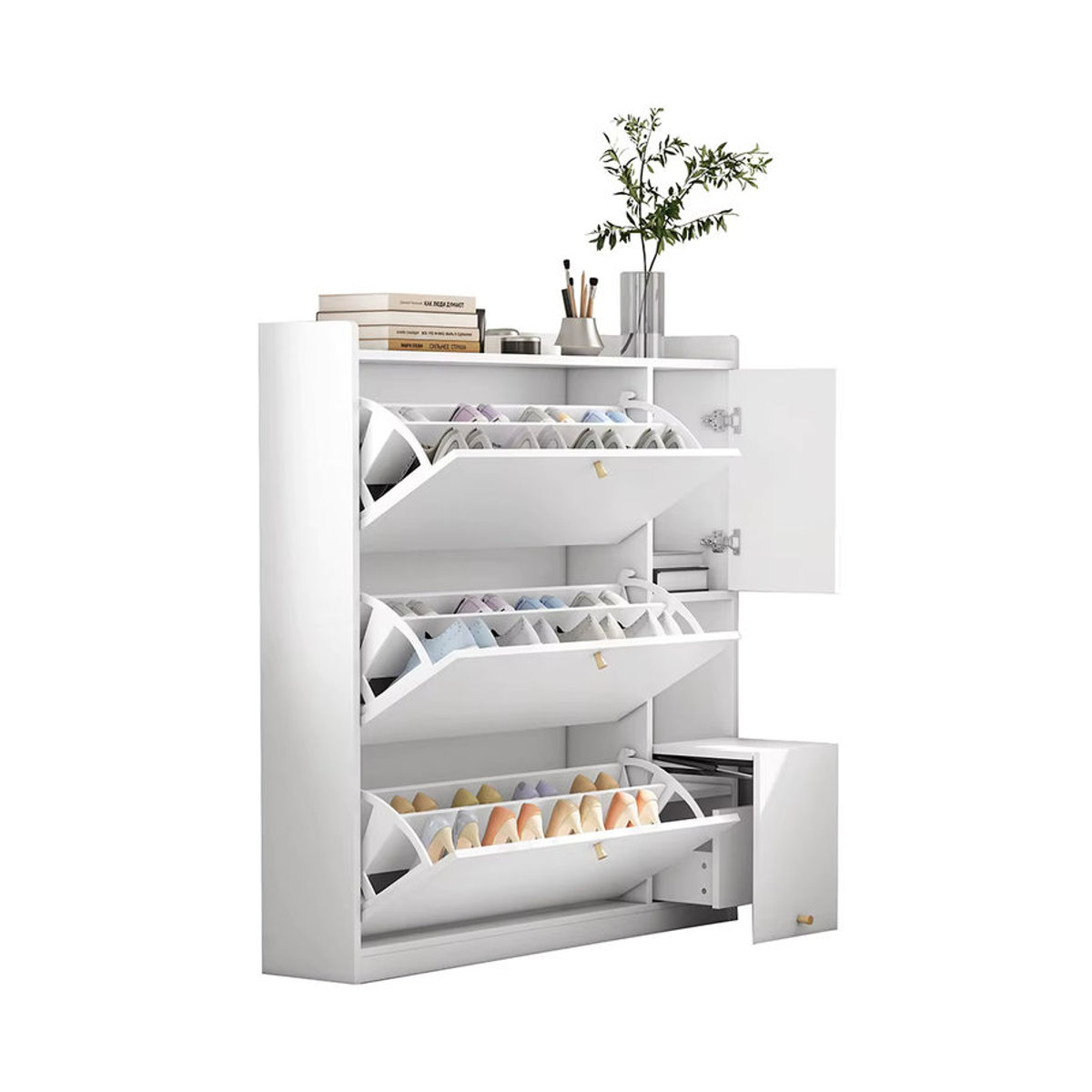 KOMHTOM Schuhschrank mit 3 Klappschubladen und Falttüren in Weiß, minimalistischer Eingangsorganizer mit Stauraum - Bild 2