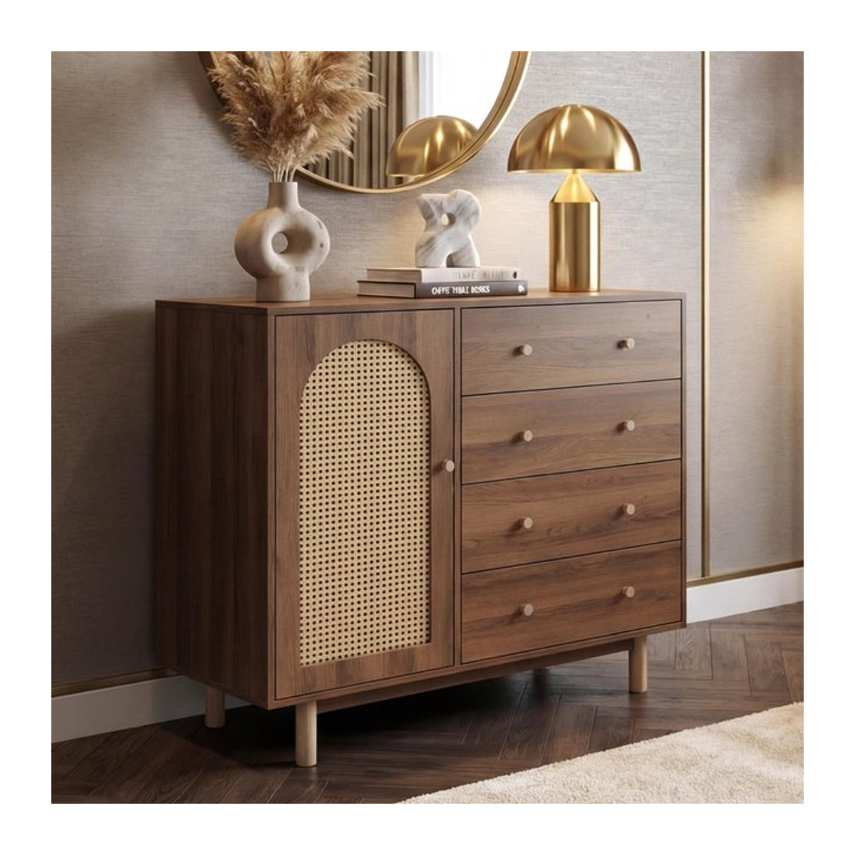 Kommode MCW-P52 in Braun mit Polyrattan und Schubladen, B/T/H: 95 x 40 x 100 cm - Bild 1