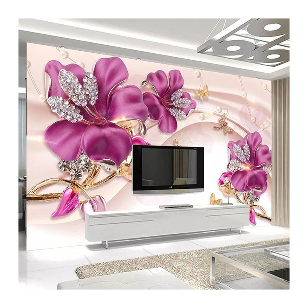KOMNNI Fototapete mit 3D Blumenornamenten in Rosa, moderne Wanddekoration für Wohnzimmer und TV-Hintergrund, B: 620 cm, H: 330 cm - Bild 1