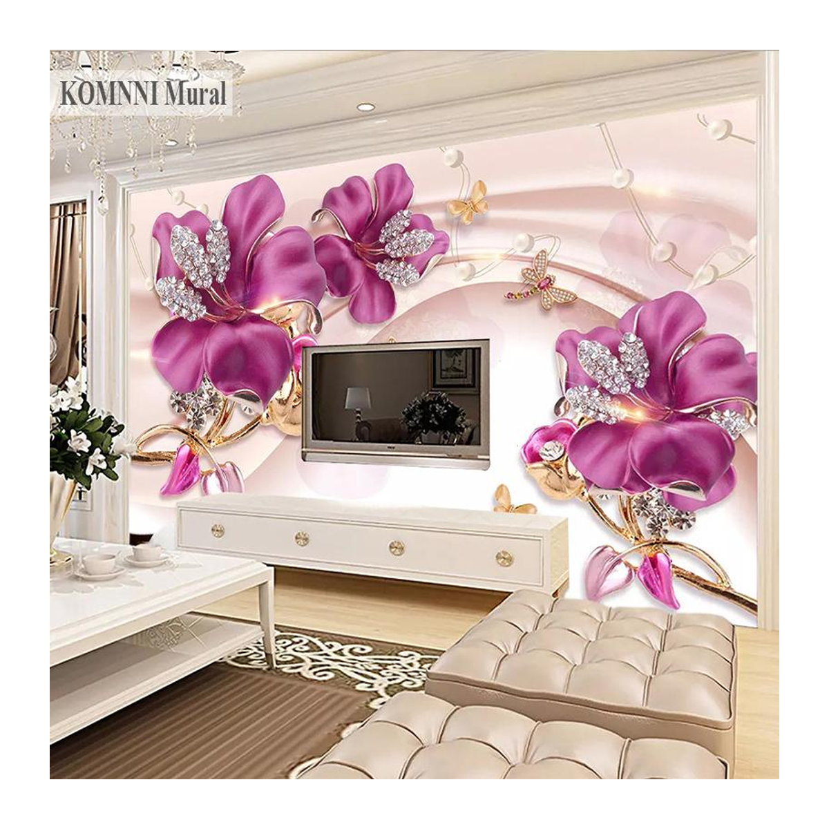 KOMNNI Fototapete mit 3D Blumenornamenten in Rosa, moderne Wanddekoration für Wohnzimmer und TV-Hintergrund, B: 620 cm, H: 330 cm - Bild 3