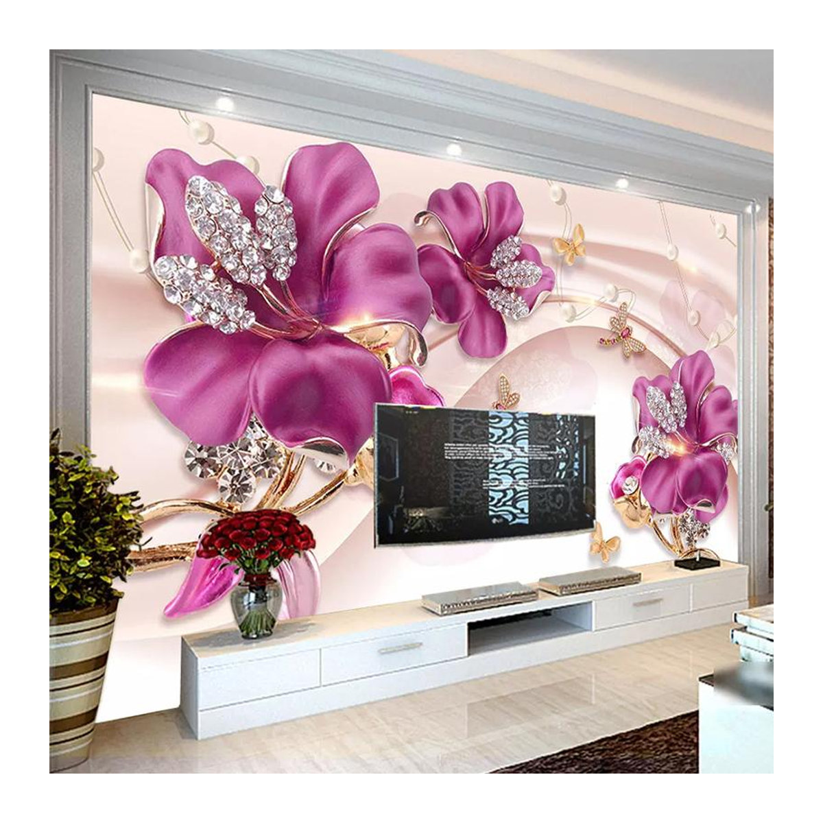 KOMNNI Fototapete mit 3D Blumenornamenten in Rosa, moderne Wanddekoration für Wohnzimmer und TV-Hintergrund, B: 620 cm, H: 330 cm - Bild 4