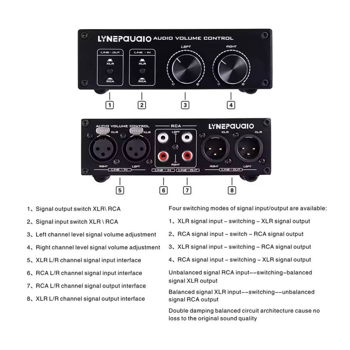 Konsenda XLR-RCA-Audioschalter mit Lautstärkeregler, passiver Vorverstärker und Lautsprecher-Wahlschalterbox, 2 Eingänge, 2 Ausgänge, Schwarz - Bild 4