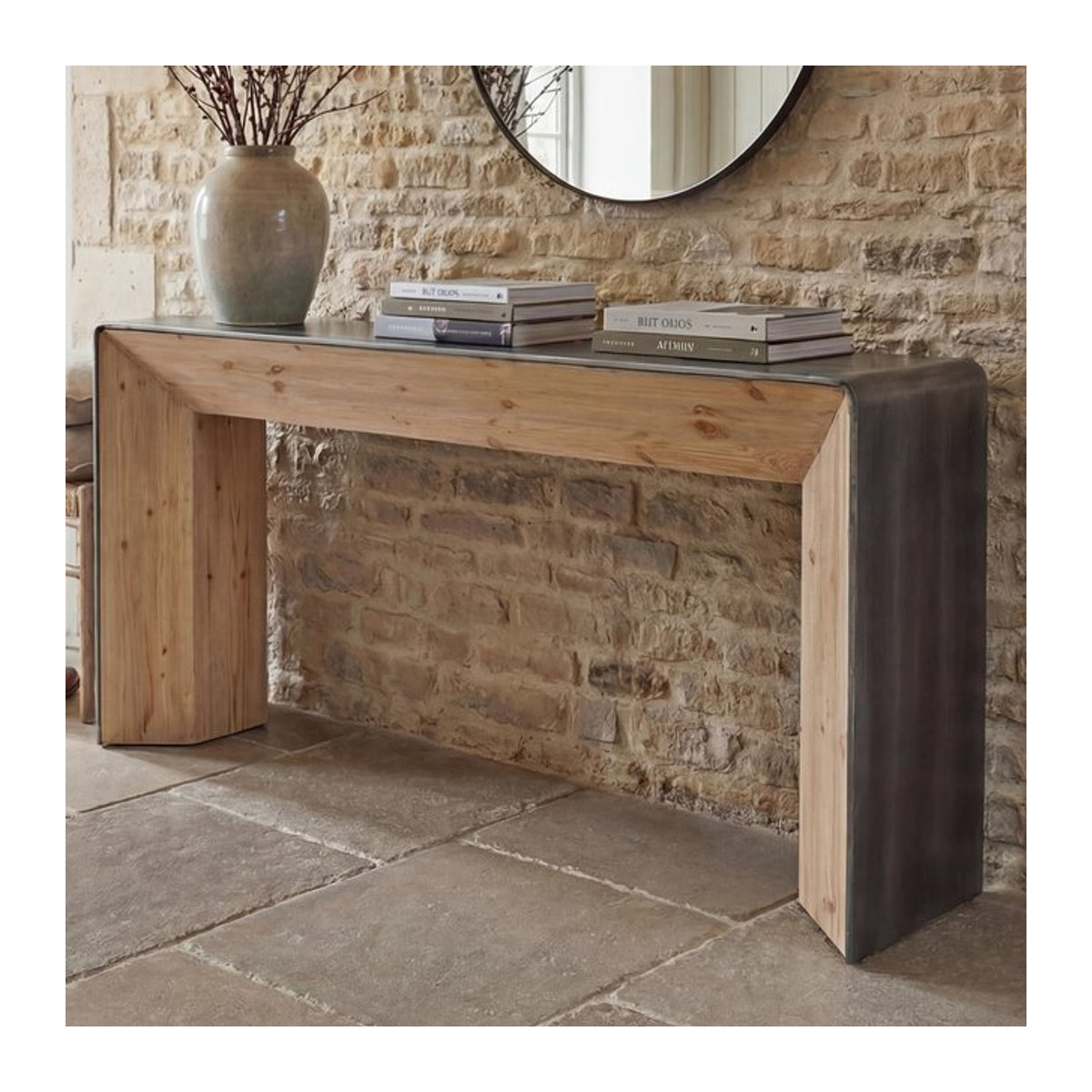 Konsolentisch MCW-L76 MVG im Industrial Design aus Massivholz und Metall, Farbe Natur/Grau, B/T/H: 120 x 40 x 80 cm - Bild 1