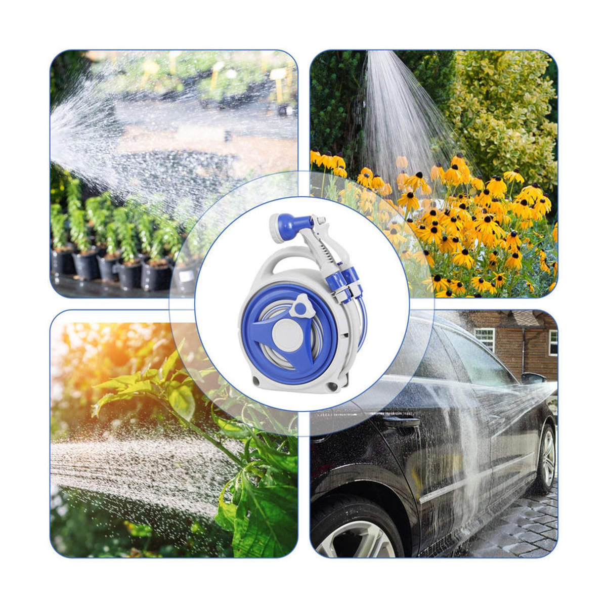 Koogeelife Tragbare Gartenschlauchrolle mit 8-in-1 Sprühdüse und 13 Meter Schlauch in Blau - Bild 6