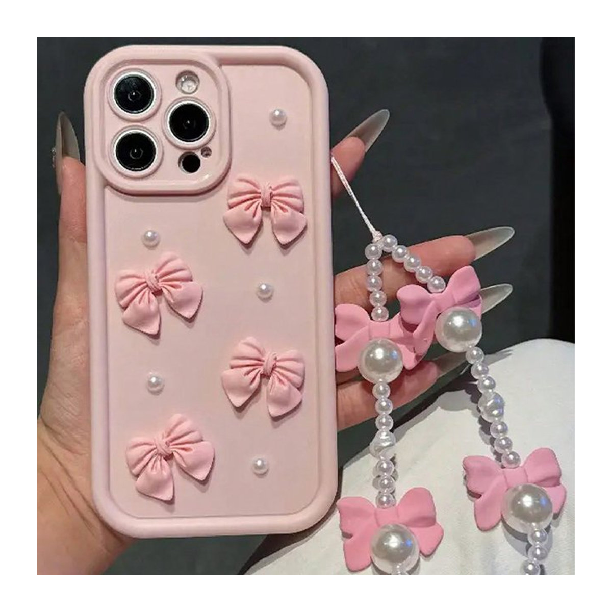 Koreanische Silikon Handyhülle mit 3D-Bowknot und Perlen für iPhone 11 bis iPhone 17 Pro Max inklusive Lanyard, Farben: Rot und Rosa - Bild 1
