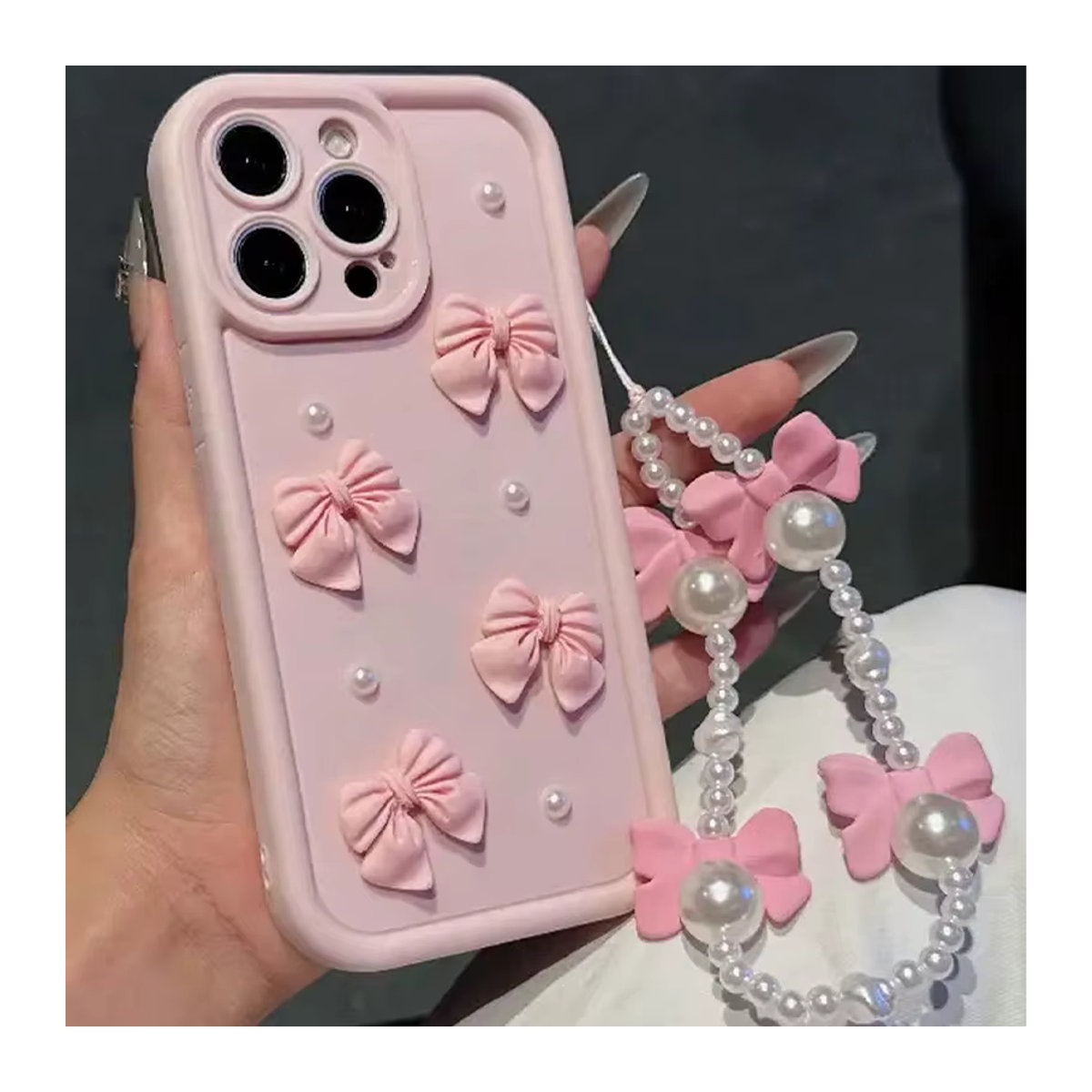 Koreanische Silikon Handyhülle mit 3D-Bowknot und Perlen für iPhone 11 bis iPhone 17 Pro Max inklusive Lanyard, Farben: Rot und Rosa - Bild 2