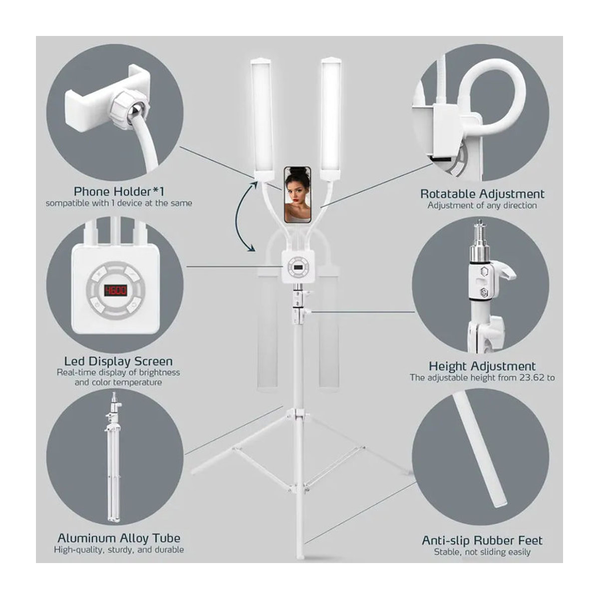Kosmetiklampe mit Doppelarm und Fernbedienung, 40W Stehlampe für Tattoo und Kosmetik mit Stativ und Handyhalterung, Farbtemperatur 3200K-5600K - Bild 2