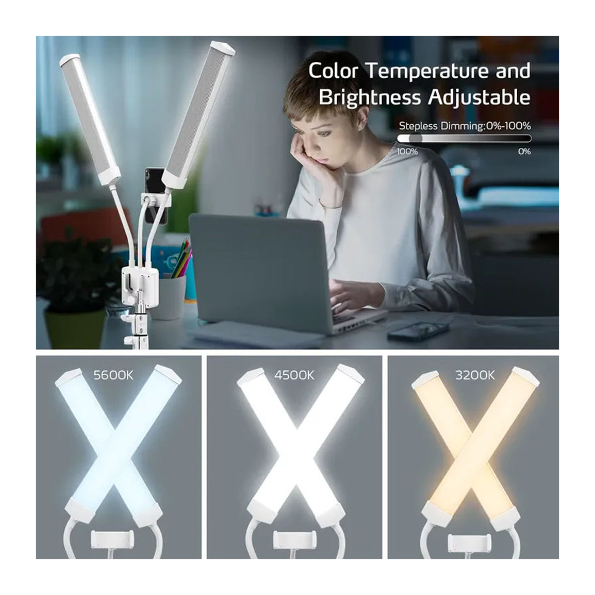 Kosmetiklampe mit Doppelarm und Fernbedienung, 40W Stehlampe für Tattoo und Kosmetik mit Stativ und Handyhalterung, Farbtemperatur 3200K-5600K - Bild 3